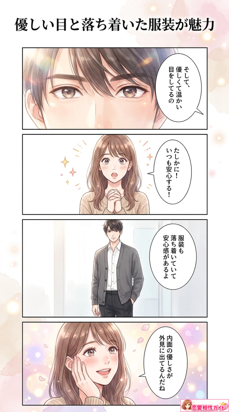 優しい目と落ち着いた服装が魅力